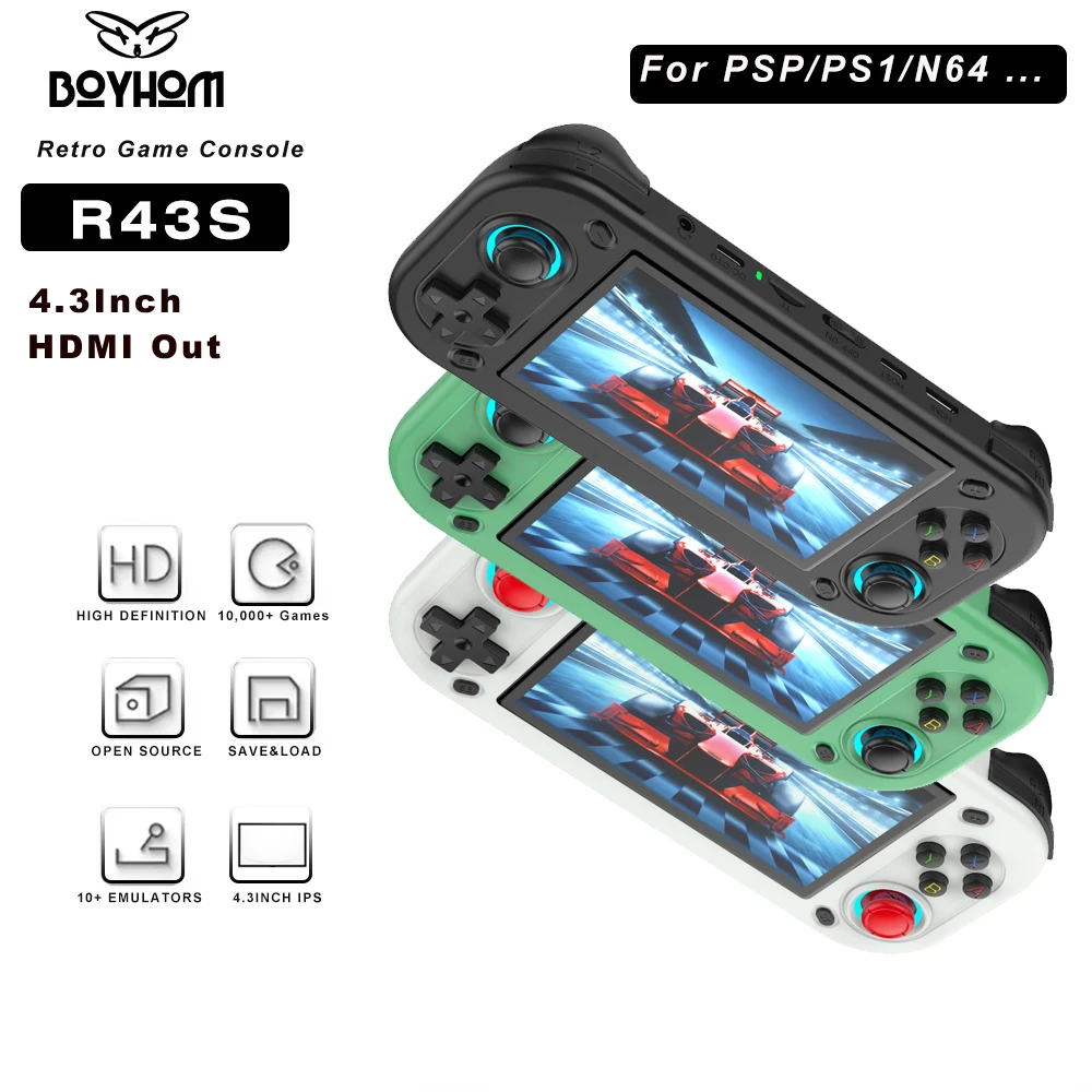 2025 NUEVO R43S Consola de videojuegos portátil retro Sistema Linux Pantalla de 4,3 pulgadas 1920*1080 Reproductor de video de bolsillo portátil Salida HDMI