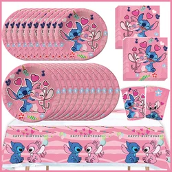 Disney Stitch Birthday Party Decoration Supplies Set Cartoon Pink Angel Tableware Paper Napkins Plates Cups Happy Birthday Kits