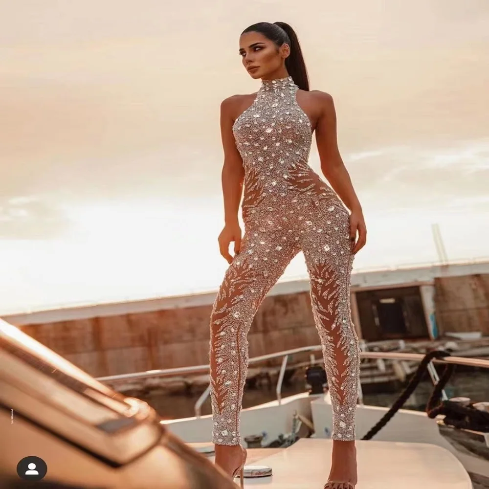 

High End Luxury Dress Solid Color Beaded Sexy Fashion Sleeveless Hanging Neck Casual Party Jumpsuit Women's Evening Party Wear