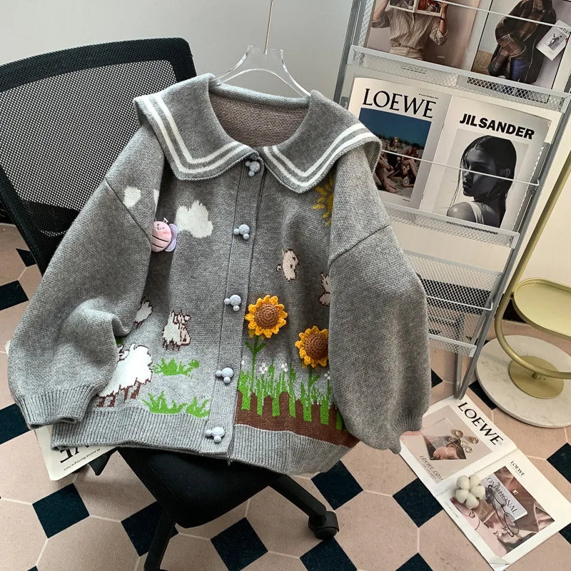 

Lazy style loose oversized cute doll collar sweater jacket women autumn and winter outer wear sweet kawaii knitted