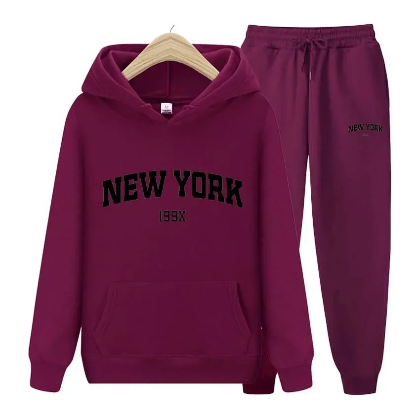 Men\'s and women\'s pants and sweater set, sportswear, running shoes, brand, New York print, autumn and winter, 2 pieces