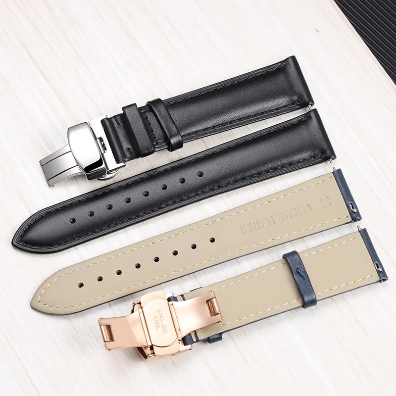 Smooth Genuine Calfskin Leather Watchband 14/16/18/20/22mm  Straps with Solid Automatic Butterfly Buckle Business Watch Band