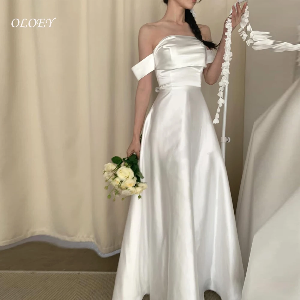 OLOEY ผ้าไหมซาตินเกาหลีชุดแต่งงานชุดปาร์ตี้ที่เรียบง่ายที่กำหนดเองรัดตัวปิดไหล่ชุดเจ้าสาว