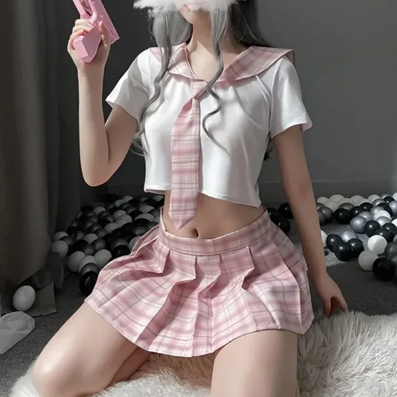 Kawaii School Girl Costume Women Sexy Cosplay Lingerie Sweet Student JK Uniform Tops with Plaid Skirt and Tie Set Role Play