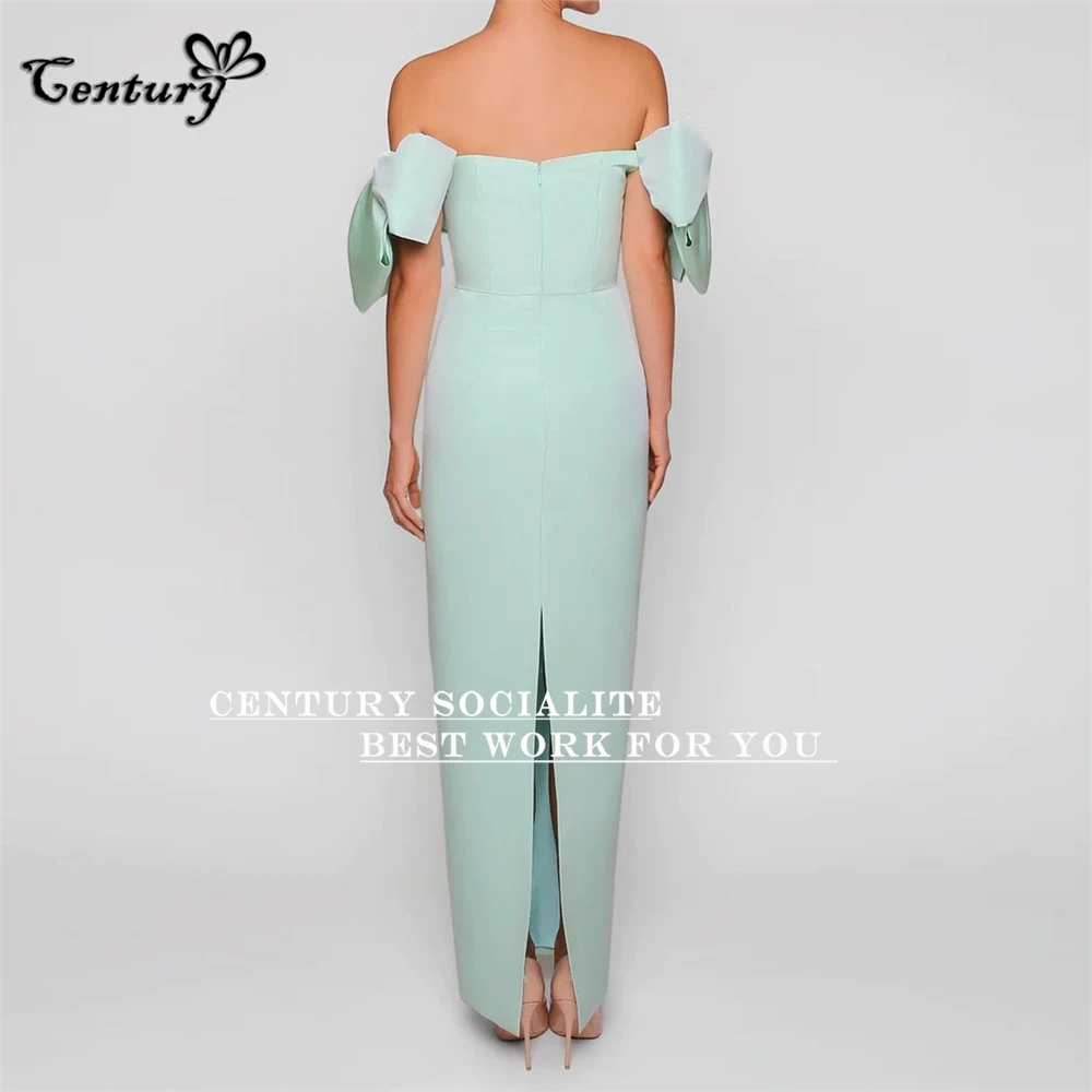 Vestido de fiesta de Dubái verde menta, largo hasta el suelo con lazo grande y hombros descubiertos, vestidos formales de Arabia Saudita de satén