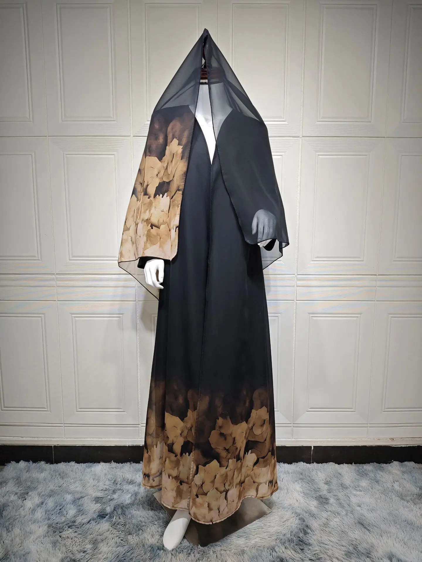 Muslim Women Print Abaya with Scarf 2 Piece Set Eid Abayas Cardigan Casual Long Robe Kaftan Party Ramadan Modest Caftan 2024