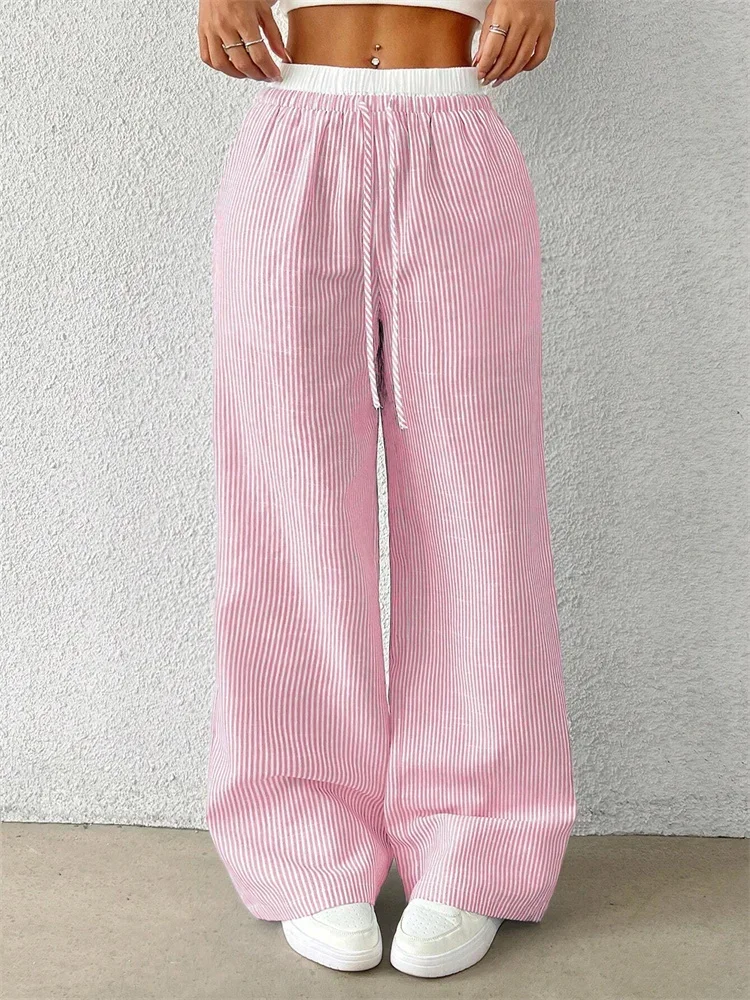 Women's Casual Striped Woven Wide Leg Pants Fall Winter 2025Casual Stylish Full Length Trousers Y2K Clothes Streetwear