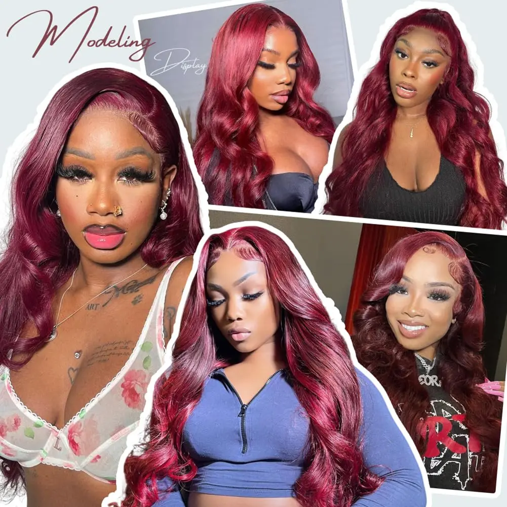 Burgundy 99J Body Wave 13x4 13x6 HD Transparent Lace Frontal Human Hair Wigs Red Colored Brazilian Hair For Women