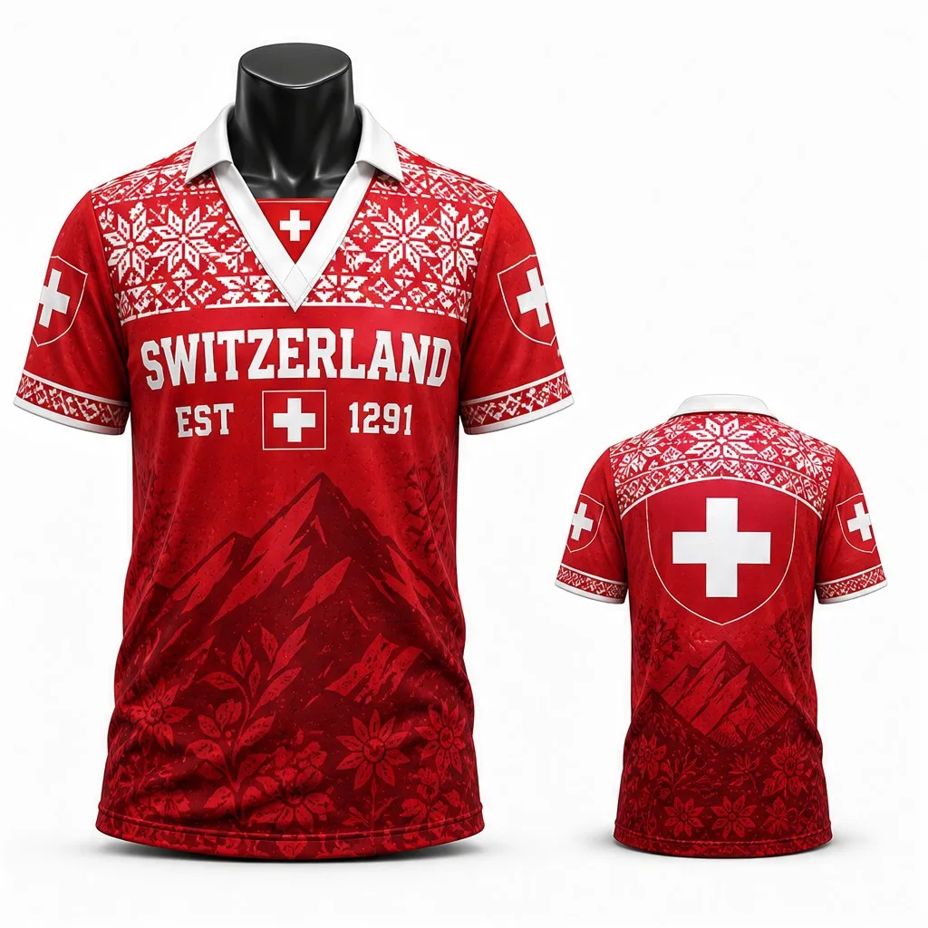 Mens Switzerland Snowflake Cross Mountain Graphic Semi Polo V Neck T Shirt Short Sleeve Casual Alpine Heritage Jersey Top Modern