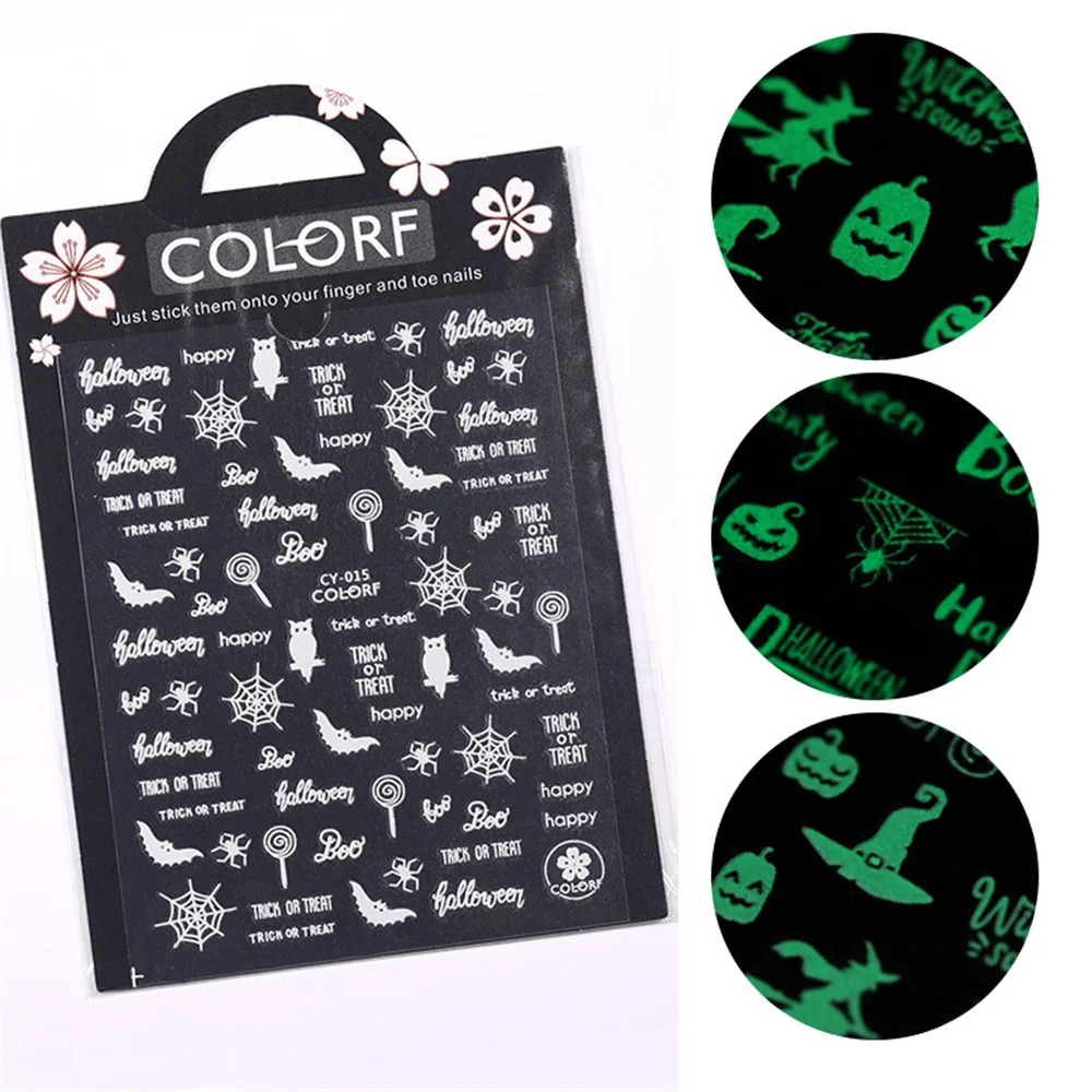 1~4PCS Cartoon Nail Stickers Luminous Effect Flowers Spider Web And Skull Nail Decoration Nail Stickers Health & Beauty