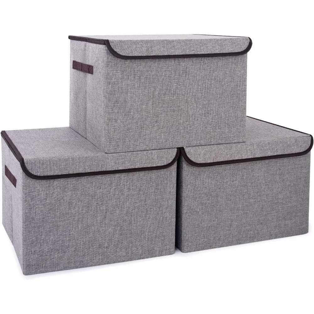 

Large 17" 42 Quarts Collapsible Stackable Storage Bins with Lids [3-Pack] Foldable Fabric Linen Storage Boxes Cube, Closet Organ