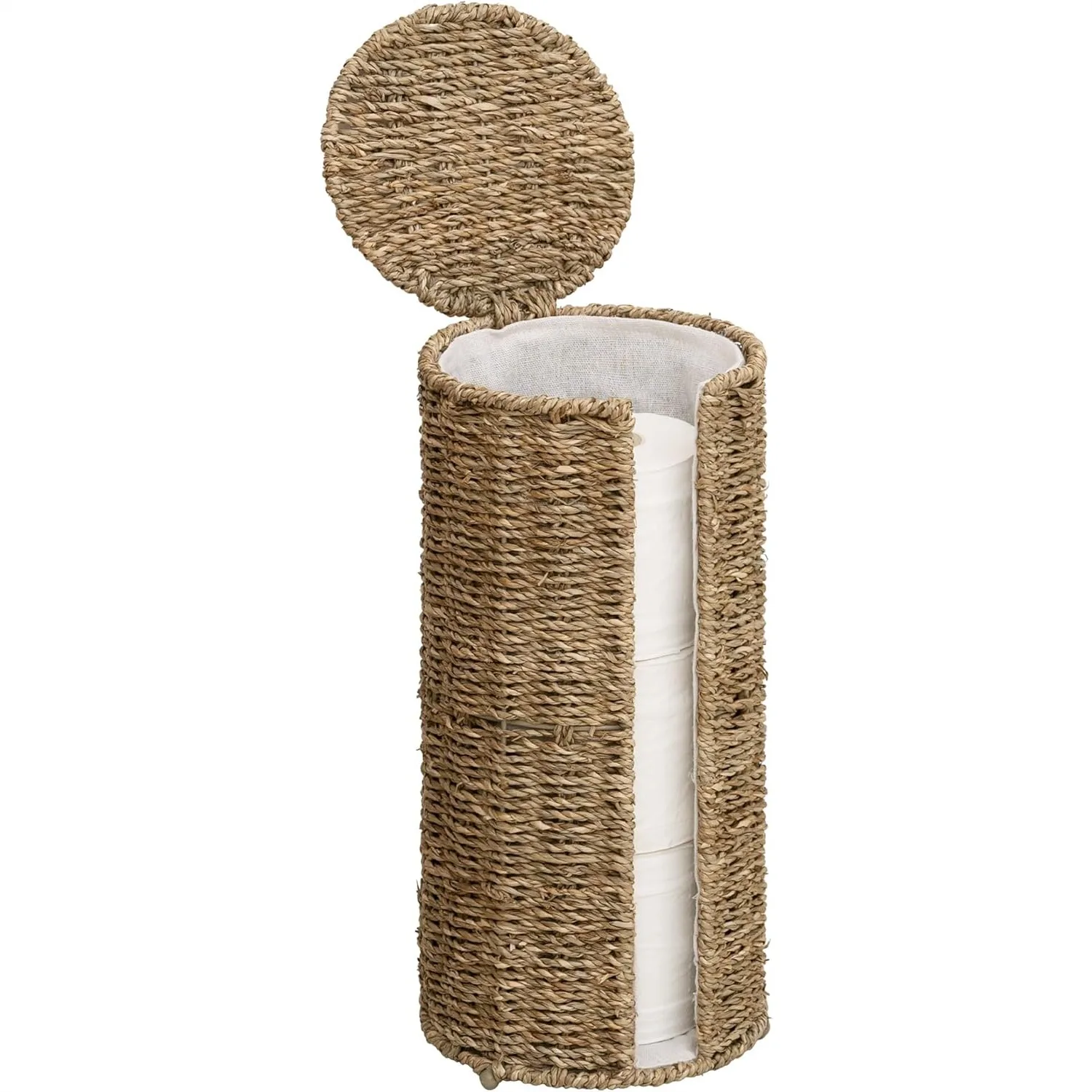 

Seagrass Toilet Paper Holder Stand, Freestanding 3 Roll Tissue Storage with Lid and Cloth Lining for Bathroom