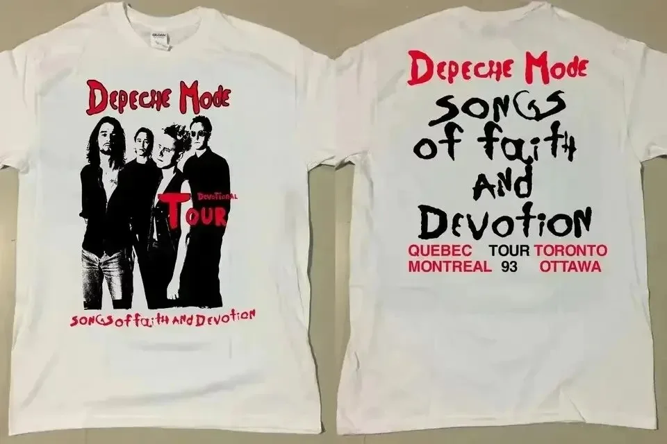 

Футболка Depeche Mode «Songs of Faith and Devotion 1993 Tour» в винтажном стиле, белая — с фотографией группы спереди и логотипом турне