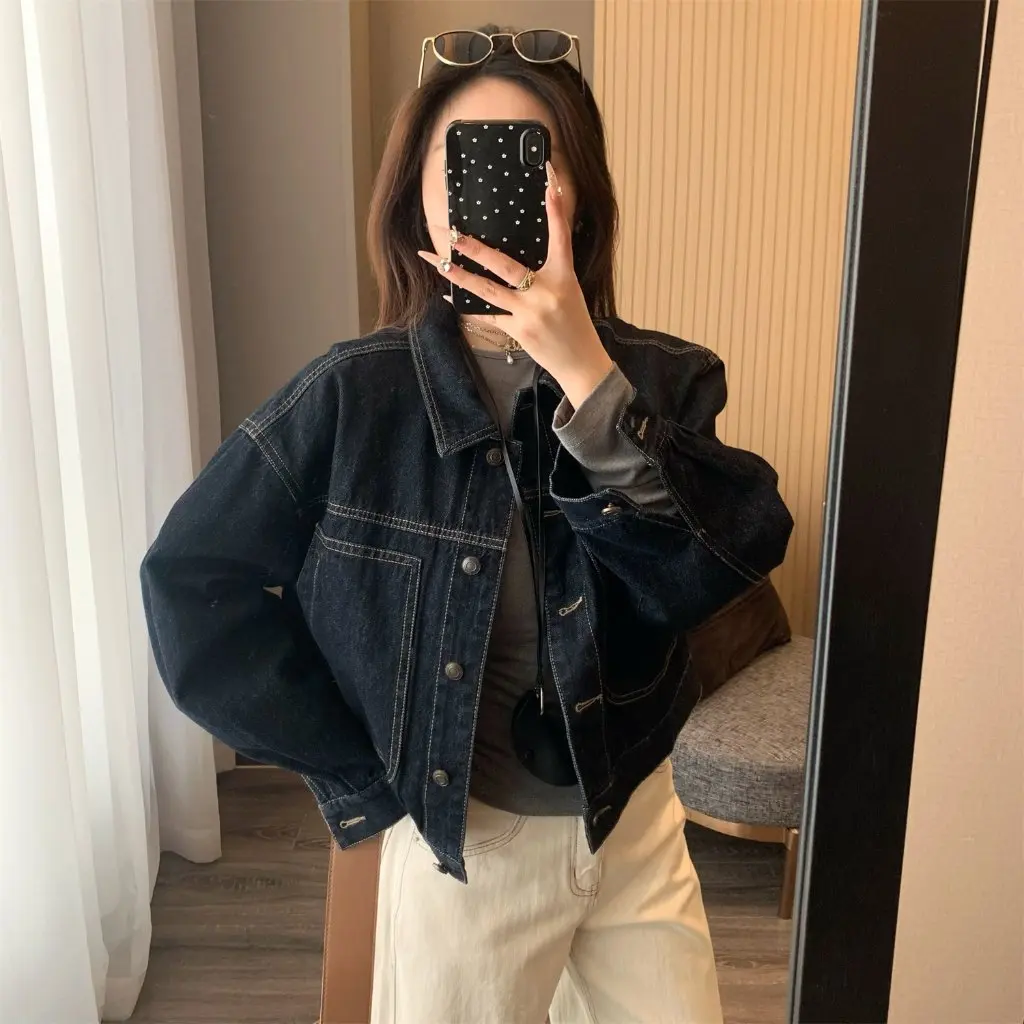 Zedaijai Retro Ming Line Denim Jacket Hong Kong Style Lapel Short Casual Women's Outerwear Spring New 25