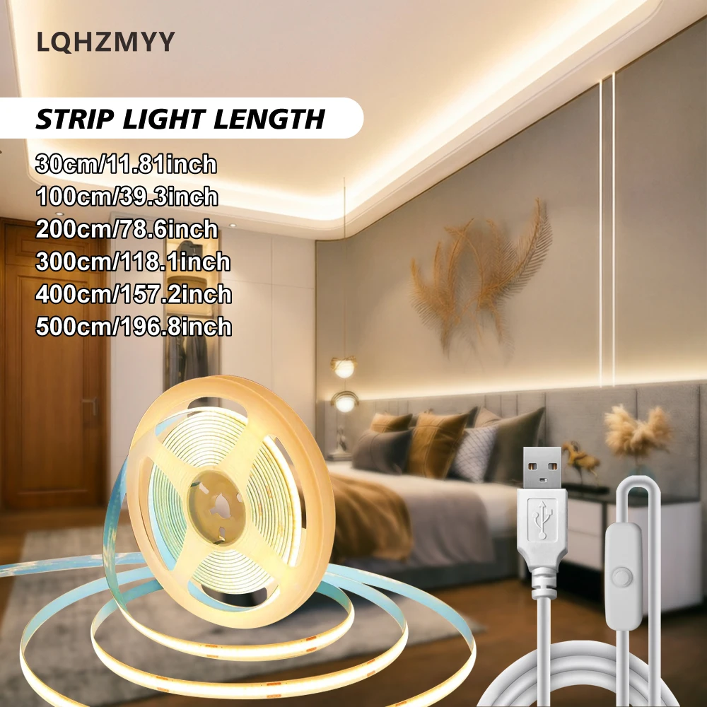 0.3m to 5m Flexible Cob Light Strips Led Light Strips with USB Interface, Equipped with Physical Button Switches and Adhesive Backing, White Light/Natural Light/Warm Light, Comes with Adhesive Backing Plate for Easy In