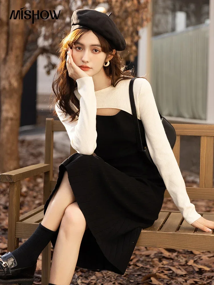 

MISHOW Sexy Knitted Dress Autumn French Patchwork Oneck Hollow Out High Waist Suspender Vestidos Aline Female Clothes MXB34L1240