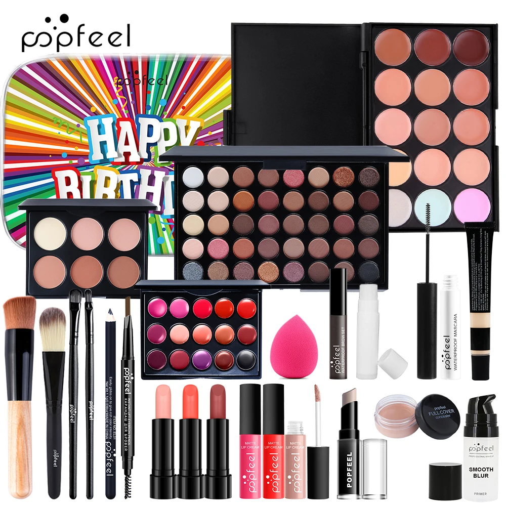 POPFEEL 24-częściowy kompletny zestaw do makijażu - zawiera paletę cieni do powiek, błyszczyk do ust, korektor, podkład - idealny prezent na urodziny