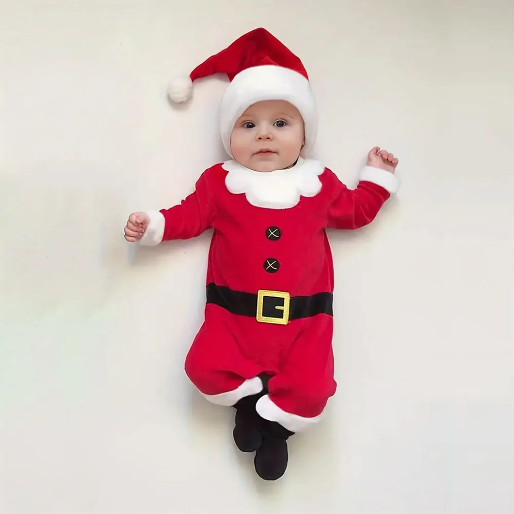 

Baby's Christmas Party Santa Claus Outfits, Long Sleeve Romper Hat Set For Spring, Autumn And Winter Indoor And Outdoor Wear