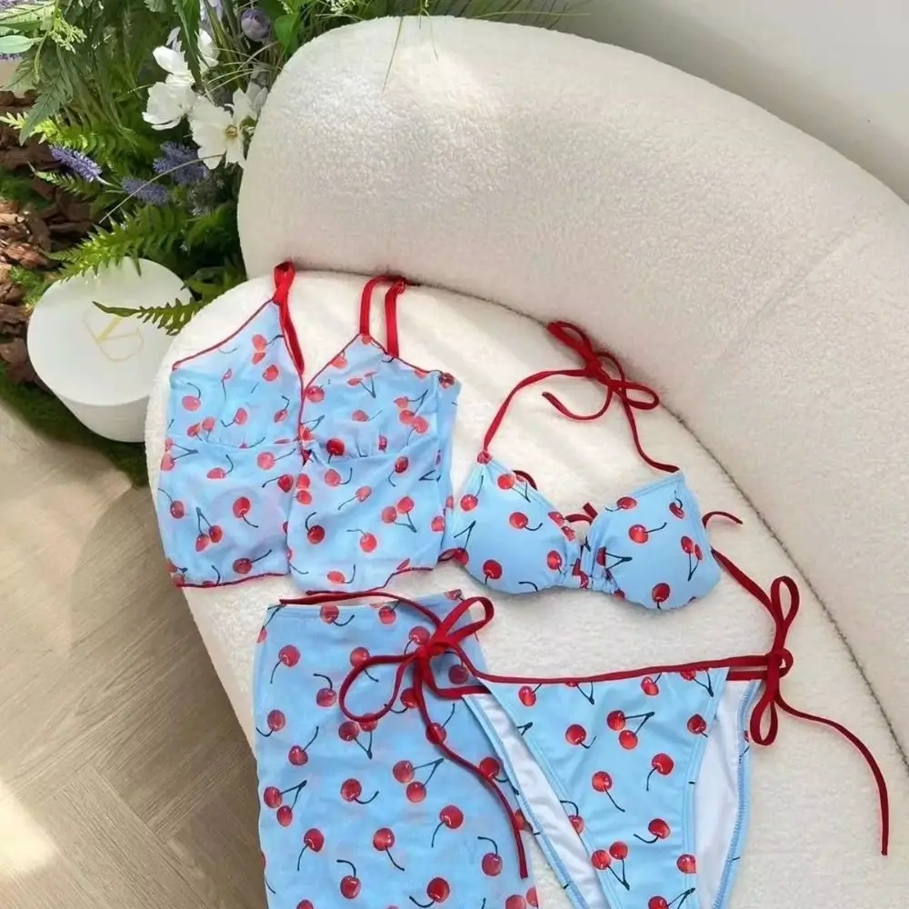 Pure Desire Pure Color Cherry Bikini Set V Neck Mesh Lace Up Sexy Swimwear Print Pattern Push Up Four Piece Set Korean Style