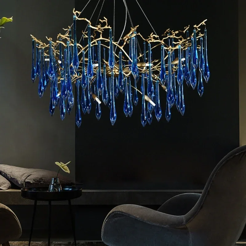 Blue crystal chandelier color can be customized Copper luxury villa living room indoor lighting club LED light luxury chandelier