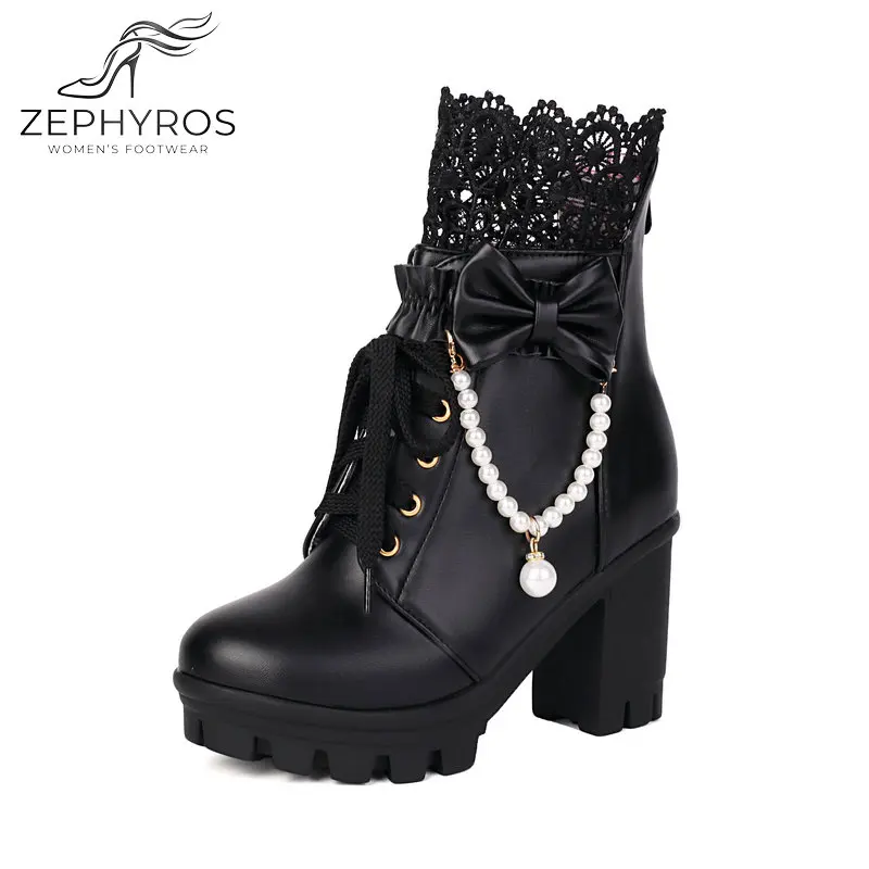 

Women's Lolita Ankle Boots Black Pearl Chain Lace Bow Chunky Heel Platform Boots 9.5CM High Heel Short Booties for Women