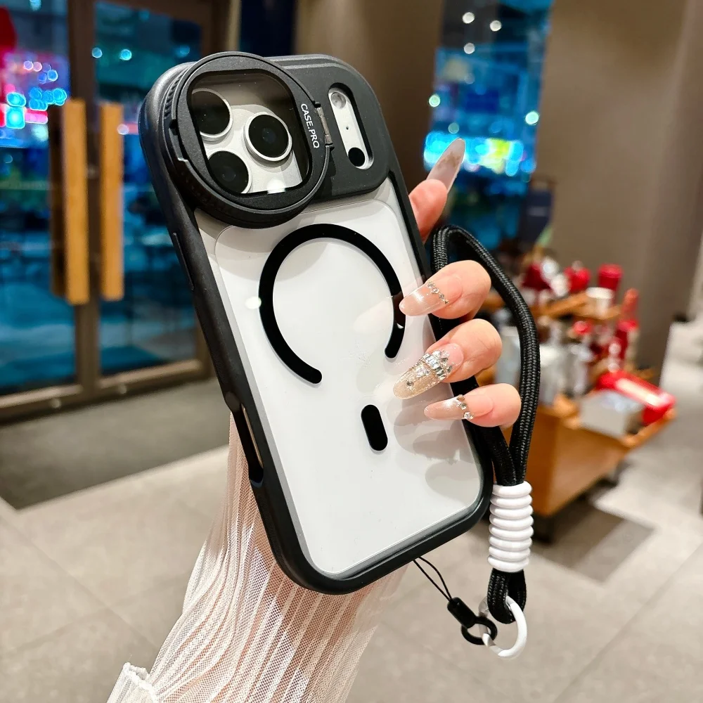 Falten Sie Glaslinsenständer, magnetisch, transparent, für iPhone 17, 16, 15, 14, 13, 12, 11 Pro Max, für Magsafe-Handgelenkschlaufe, stoßfeste Abdeckung
