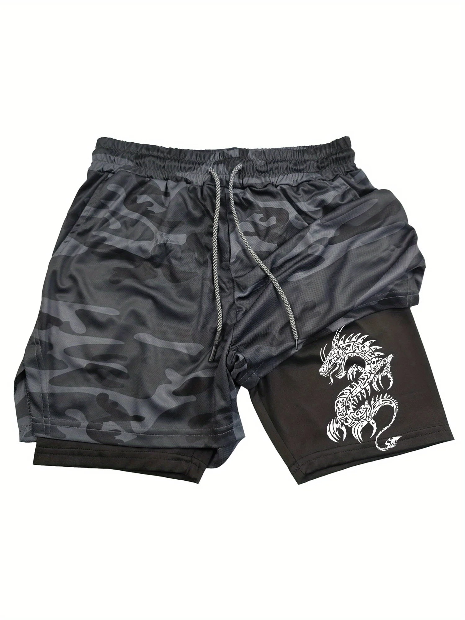 Men's Dragon Print Double-Layer 2-in-1 Sports Shorts - Breathable Quick-Dry Workout Shorts