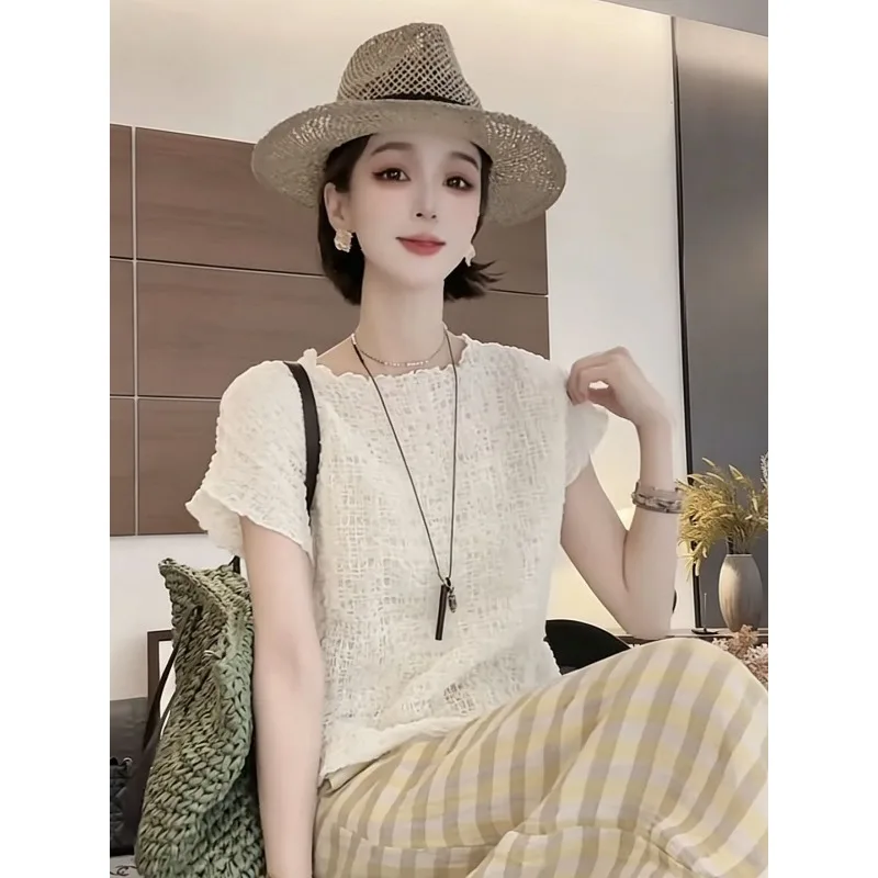 French Style Textured Women Blouse Thin Breathable Elastic Short Sleeve Shirt Summer Casual Loose Hide Fat Top