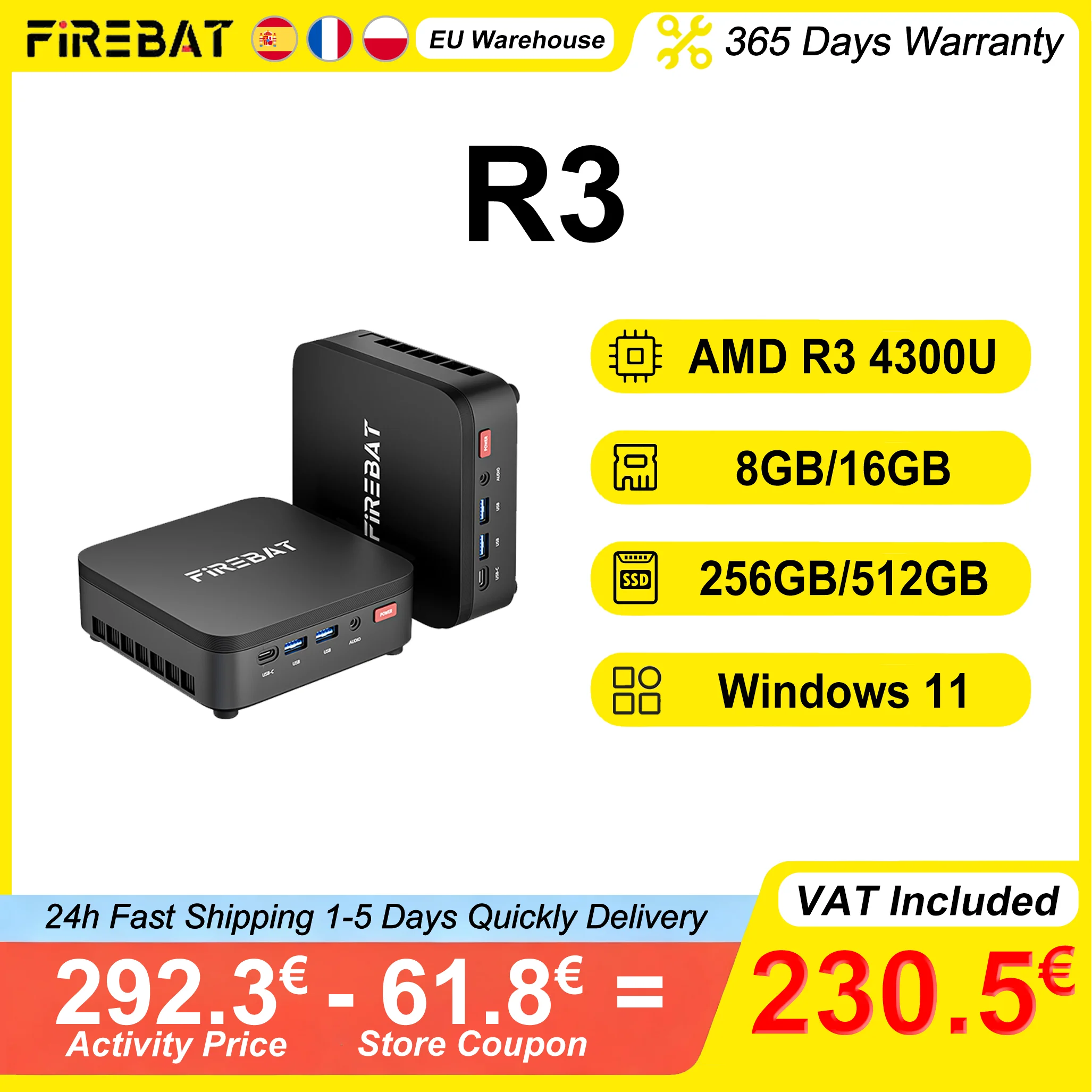 FIREBAT R3 MINI PC AMD Ryzen 3 4300U 8GB/16GB LPDDR4 RAM 256GB/512GB SSD Windows 11 WIFI6 Bluetooth5.2 HDMI