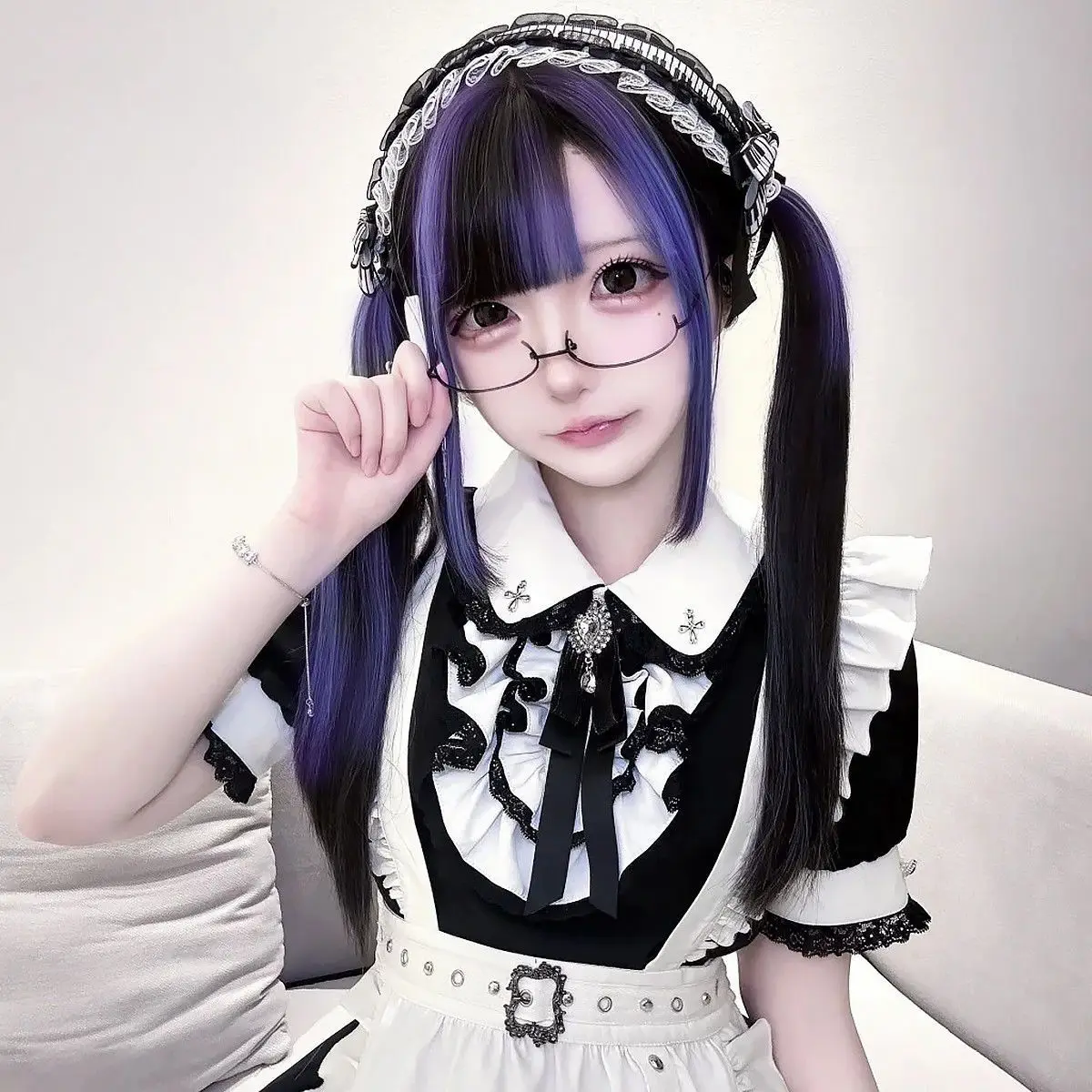 ‌Dark Purple Lace Front Wig - Gothic Anime Wig, Full Head Cosplay Hair, Air Bangs Straight Wig, Ombre Hair