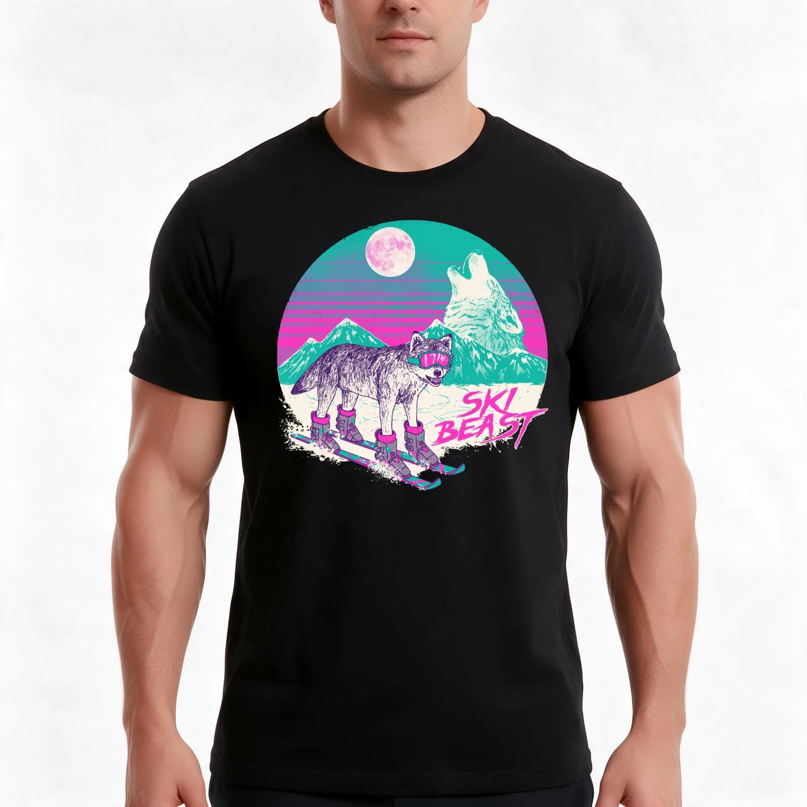Ski Beast T-Shirt, Summer Casual Cotton Tee, Oversized Streetwear Tops, Vintage Graphic Print, Loose Fit Short Sleeve