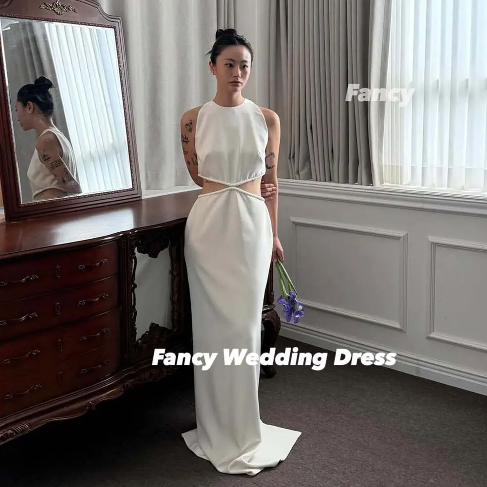 Fancy Korea Elegant A Line Wedding Dress O Neck Elastic Satin Evening Party Dresses Floor Length Back Zip Customized