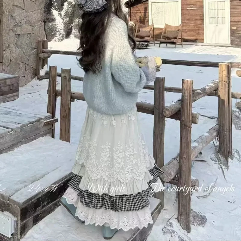 

Skirt Women Japanese Sweet Plaid Patchwork Lace A Line Cake Long Skirts Spring High Waist Versatile Falda Aesthetic