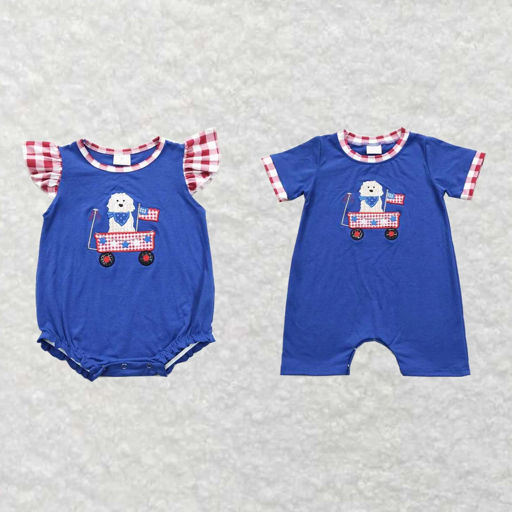 Wholesale kids newborn toddler clothes Embroidery Stars and Flags Puppy Stroller Red and White Plaid Lace Blue Vest Jumpsuit