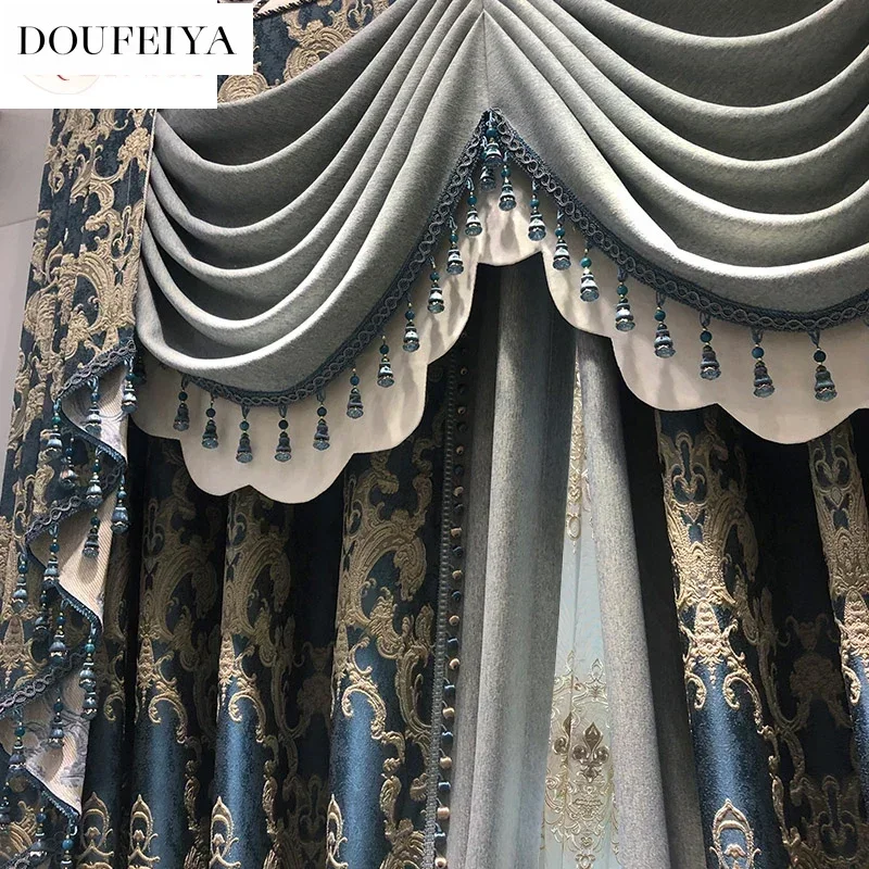 

European Blue Embroidered Tulle Valance Luxury Curtains For Living Room Bedroom Blackout Elegant Classical Custom Window Dining