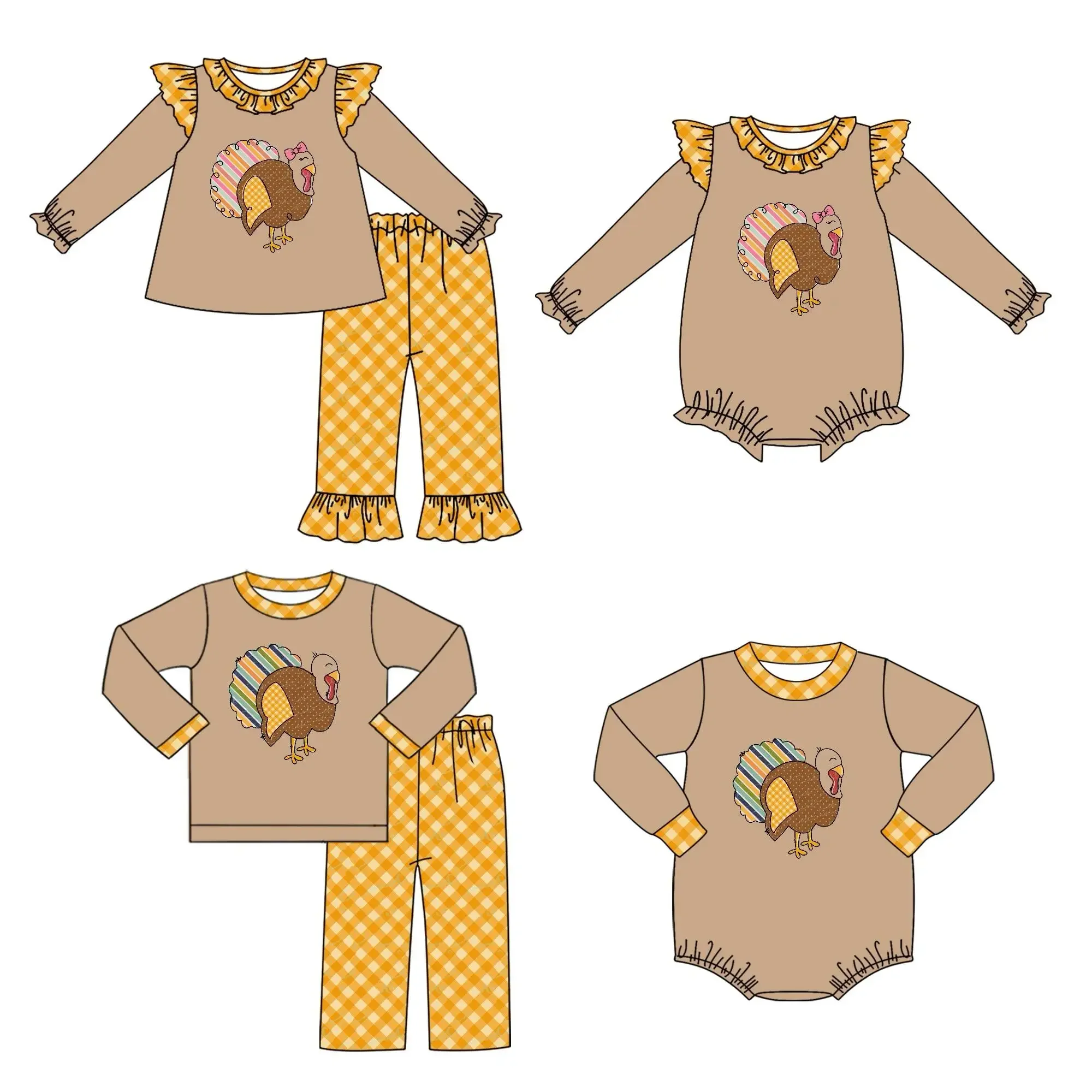 

Thanksgiving boutique children's set long-sleeved pearl turkey print trousers lace girls boys plaid trousers set baby romper