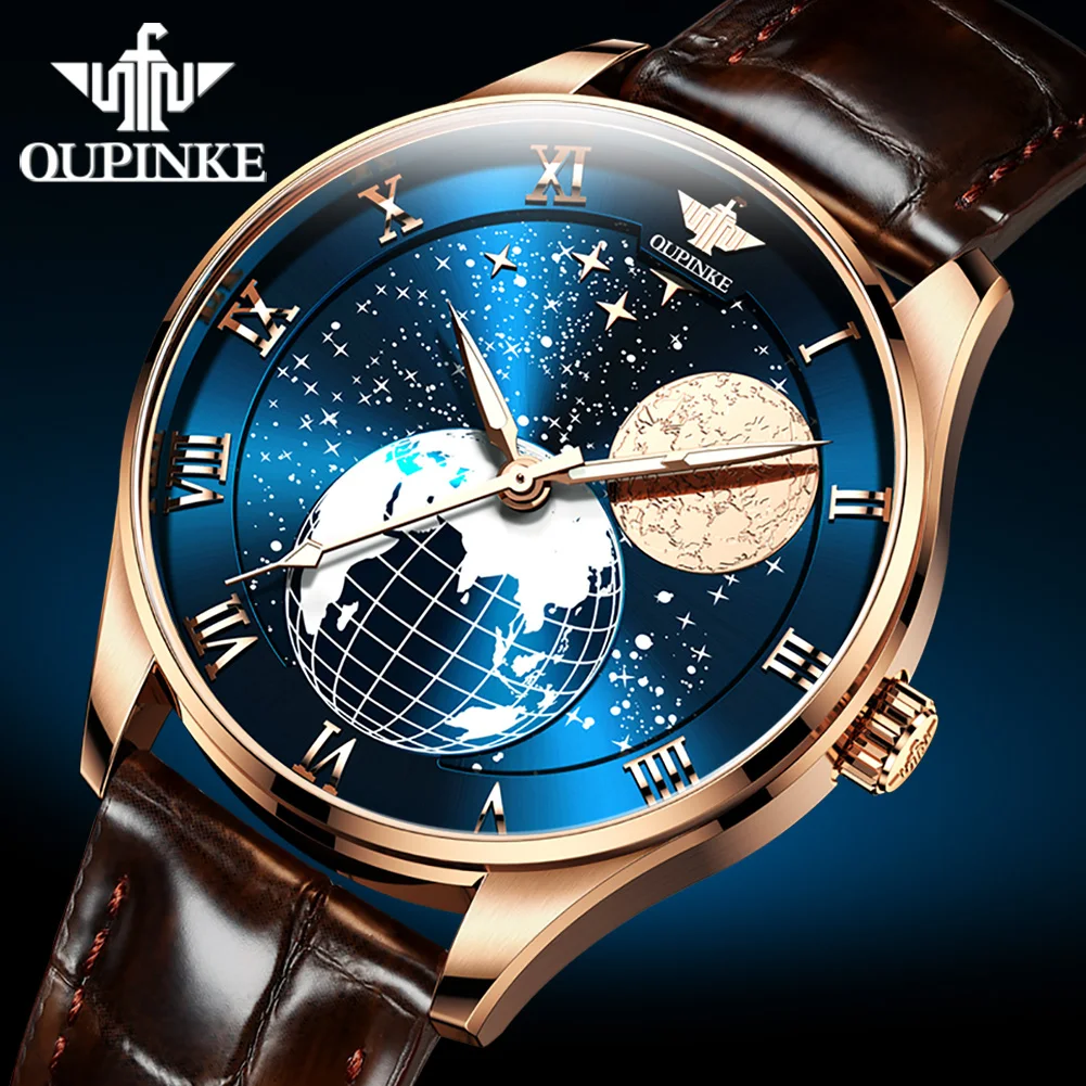 OUPINKE 3177 แบรนด์หรูผู้ชายอัตโนมัตินาฬิกา Moon Phase Starry Sky Dial HD Night Light นาฬิกากันน้ําผู้ชาย