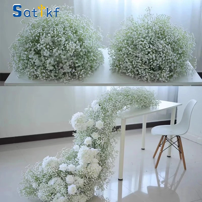 200/100cm White Gypsophila Baby Breath Rose Flower Row Arrangement Arch Wedding Backdrop Props Table Flower Runner Party Floral