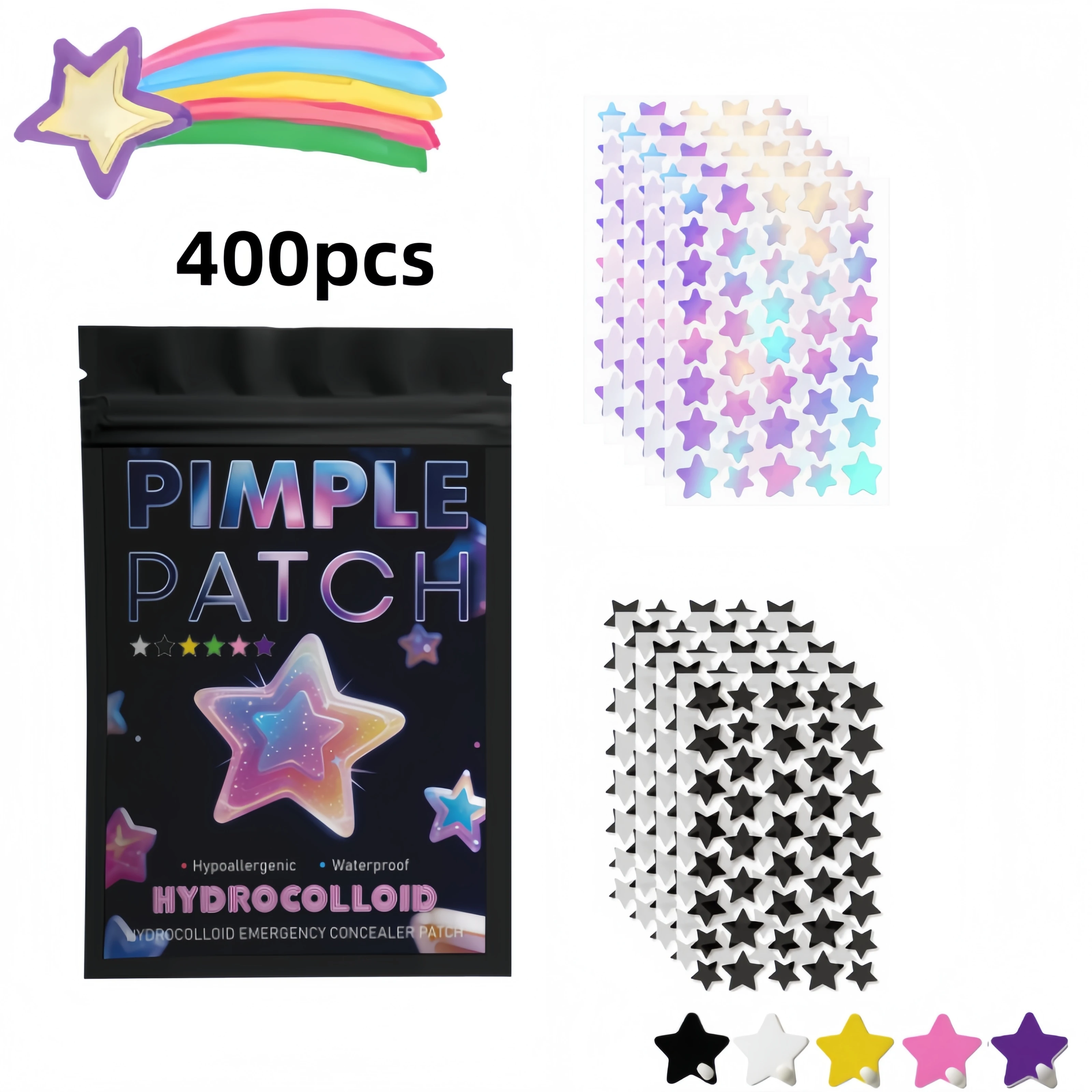 400/800 Adesivos Hidrocoloides Iridescentes e Pretos em Formato de Estrela para Manchas, Tamanhos Variados, para Todos os Tipos de Pele