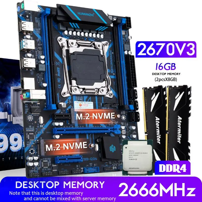 Материнская плата HUANANZHI X99 QD4 X99 с комбинированным комплектом, XEON E5 2670 V3 16 Гб 2666 МГц (2*8 ГБ) DDR4, десктопная память NVME NGFF USB