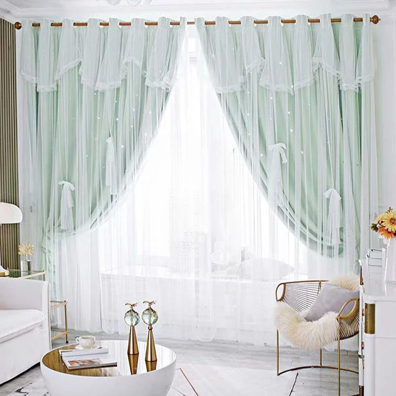 Curtains Princess Style Dream Double with Yarn Blackout Curtains for Living Dining Room Bedroom No Punch Starry Sky Simple Girl