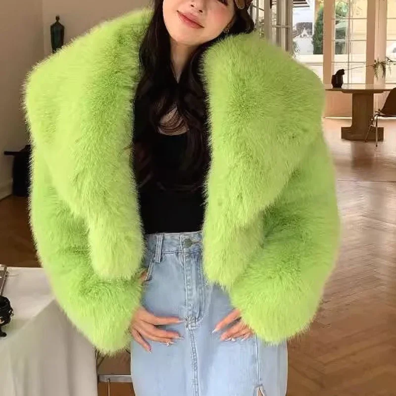 معاطف نسائية خضراء من الفرو الصناعي سترات قصيرة معطف بأكمام كاملة سميك Y2k ملابس الشارع الشهير ملابس خارجية فروي لخريف وشتاء 2025