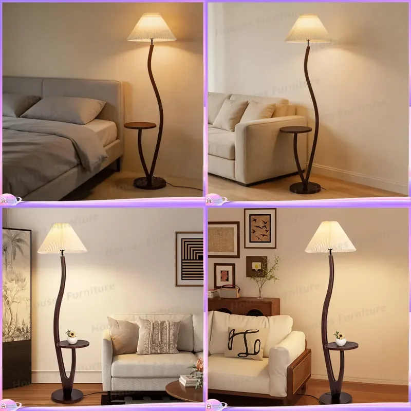 For Floor Lamp with Shelf Integrated Living Room Bedroom Sofa Reading Atmosphere Light Retro Pleated Solid Wood Vertical Desk