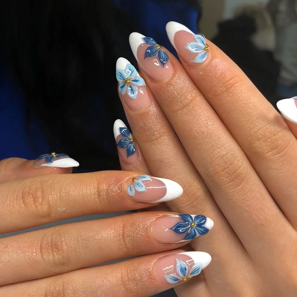 24 peças de amêndoa 3d gel flor branca ponta francesa imprensa em unhas, cabe perfeitamente conjunto de unhas falsas acrílicas, contém 1 peça de cola gelatinosa e 1p