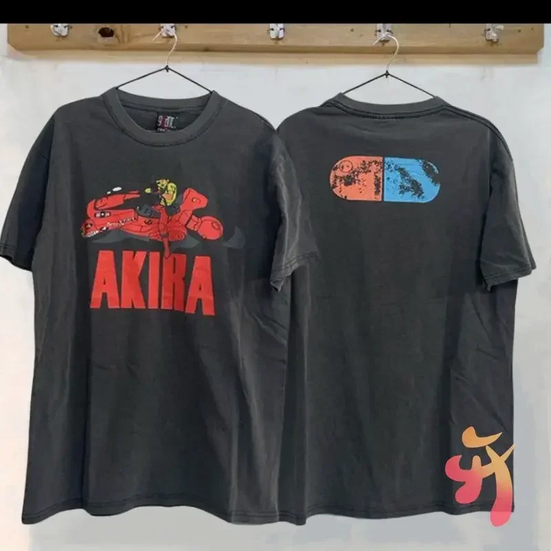 

Racing Pill Retro Print Tops Washed Black AKIRA T-shirts Anime Cartoon Loose Short Sleeve Hiphop Street Men Women Tshirt