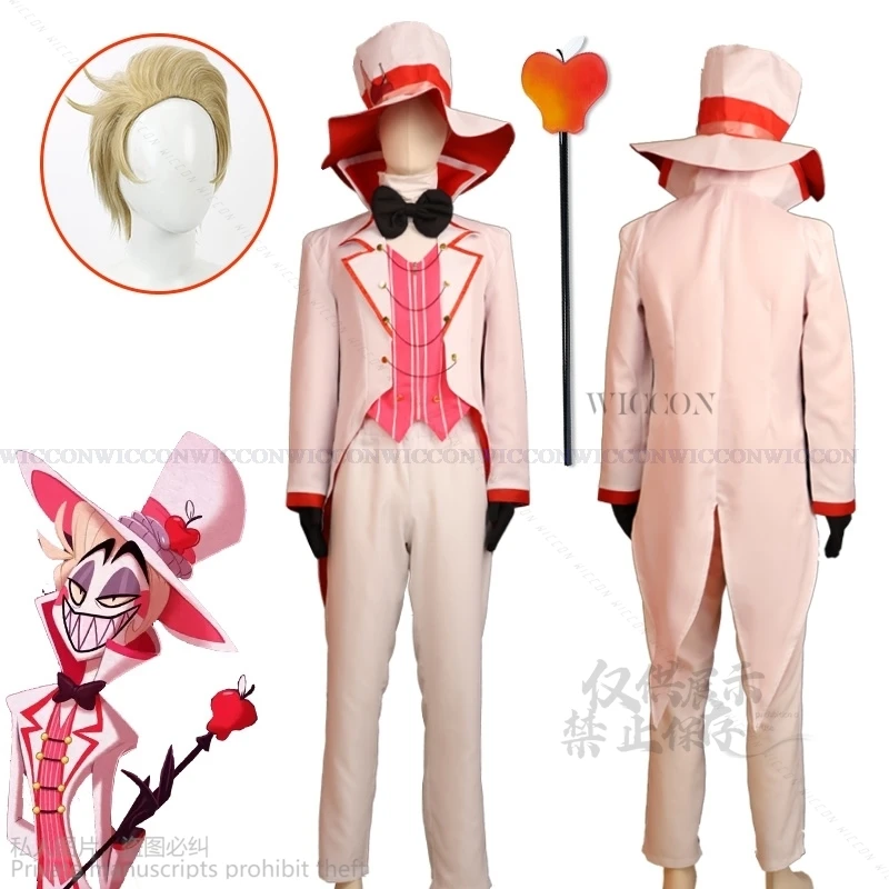 hasbin Lucifer Cosplay Anime Morningsta Hotel Costume Hat Daddy White Suit Devil Hell Halloween Party Wigs Anime 95cm Props