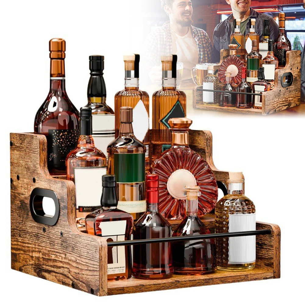 

Wooden Liquor Bottle Display Shelf 3 Step Retro Bar Shelf Stand Coffee Station Organizer for Liquor Whiskey