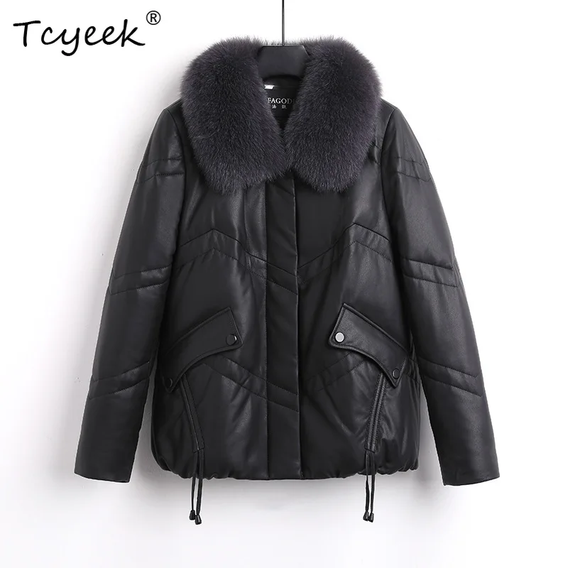เสื้อแจ็คเก็ตหนังแท้ผู้หญิง แบรนด์ Tcyeek ขนเป็ดขาว หนังแกะ ปกเสื้อแบบปกเชิ้ต สีดำ สำหรับฤดูใบไม้ร่วงและฤดูหนาว