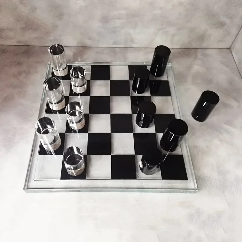 Creative Glass Craft Geometric Crystal Chessboard Chess Transparent Square Tartan Grid King Queen Decorative Figurines Home Deco