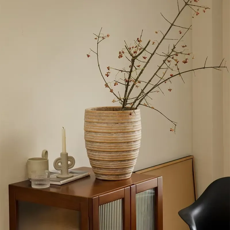 Vintage Handcrafted Plain Ceramic Cement Flower Pot Home Decor Ornament Breathable Plant